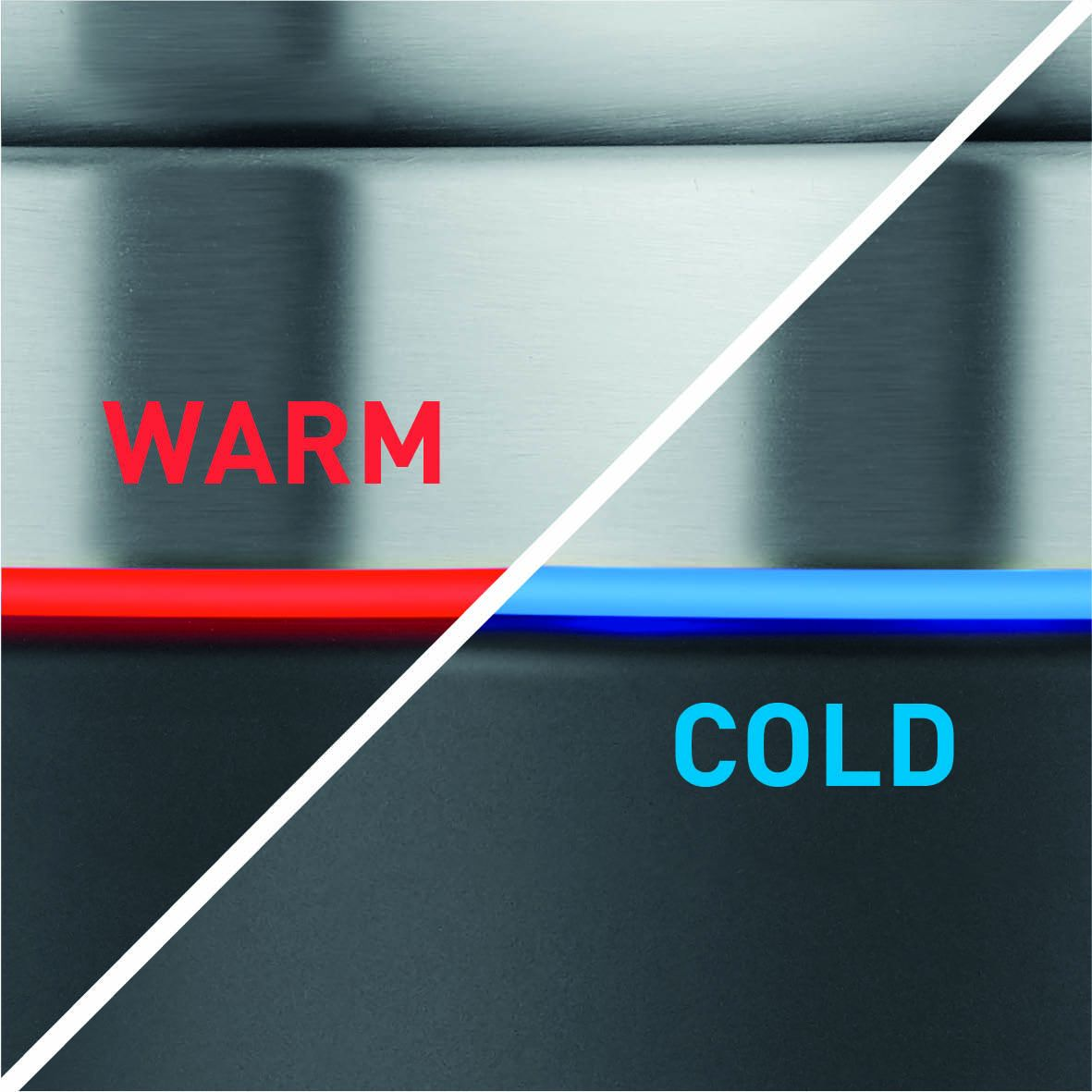 Diagonales Bild. Oben links: 'WARM' über roter Linie. Unten rechts: 'COLD' über blauer Linie. Hintergrund ist metallisch.