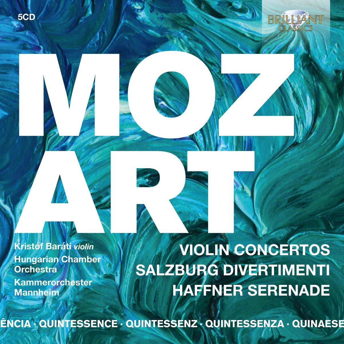 CD-Cover für Mozarts Violinkonzerte mit Text und abstrakter Kunst.