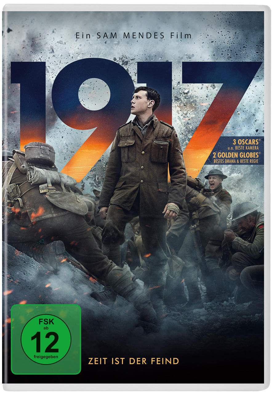 DVD-Cover des Films '1917', mit einem Soldaten und anderen Soldaten in einer Kriegsszene.