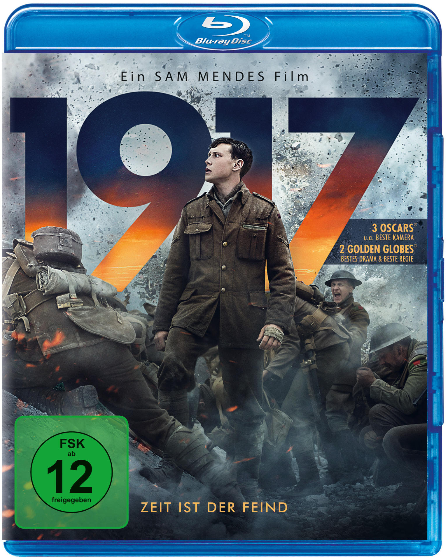 Bluray-Cover: Mann in Uniform inmitten einer Kriegsszene, Titel '1917', mit Auszeichnungen.