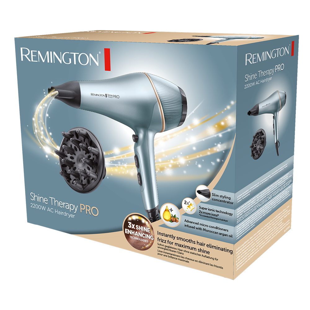 Remington Shine Therapy Pro haardroger doos. De doos toont de droger, accessoires en productdetails.