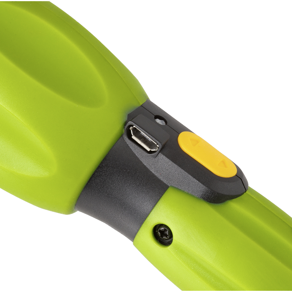 Zöld-fekete trimmelő közelről, sárga bekapcsológombbal és USB-porttal.