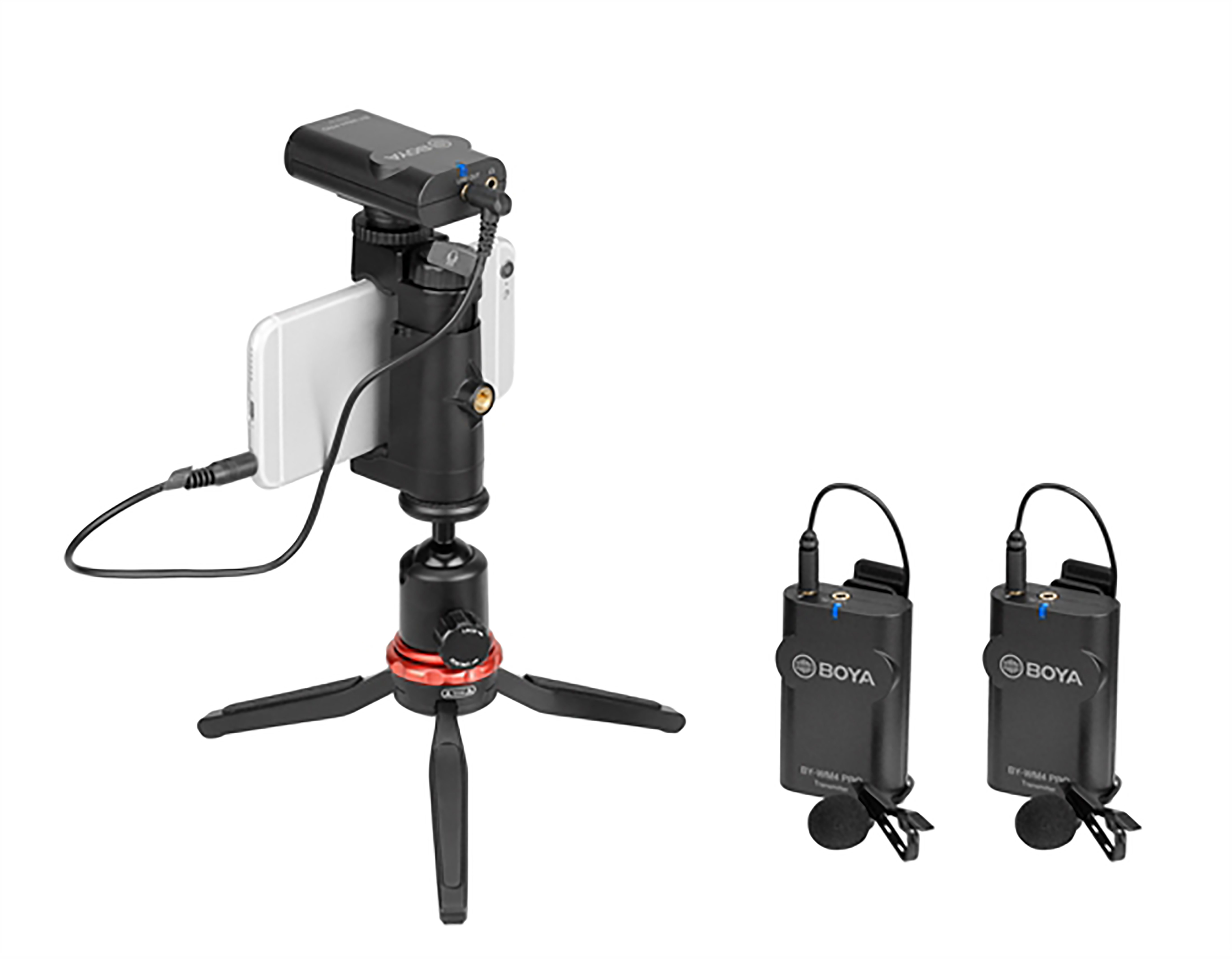 A small tripod with a phone attached and two wireless microphones.