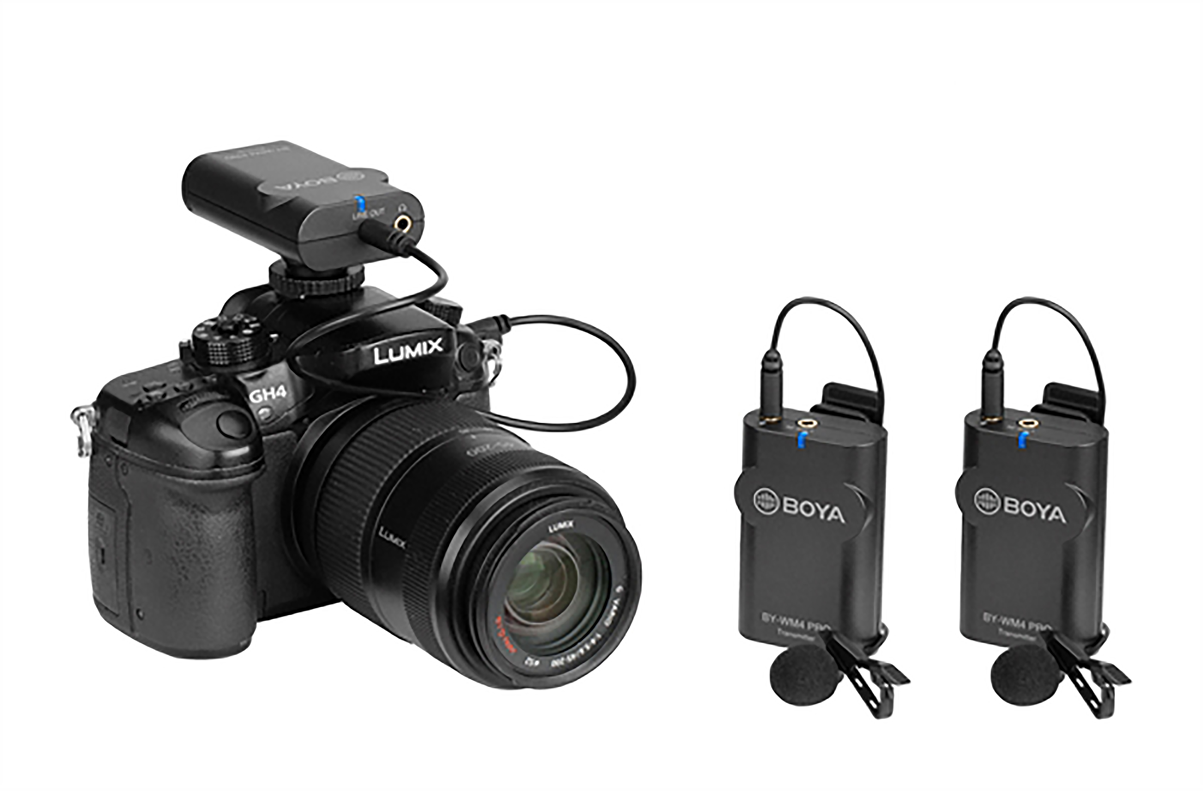 A camera with a wireless microphone system, including two transmitters.