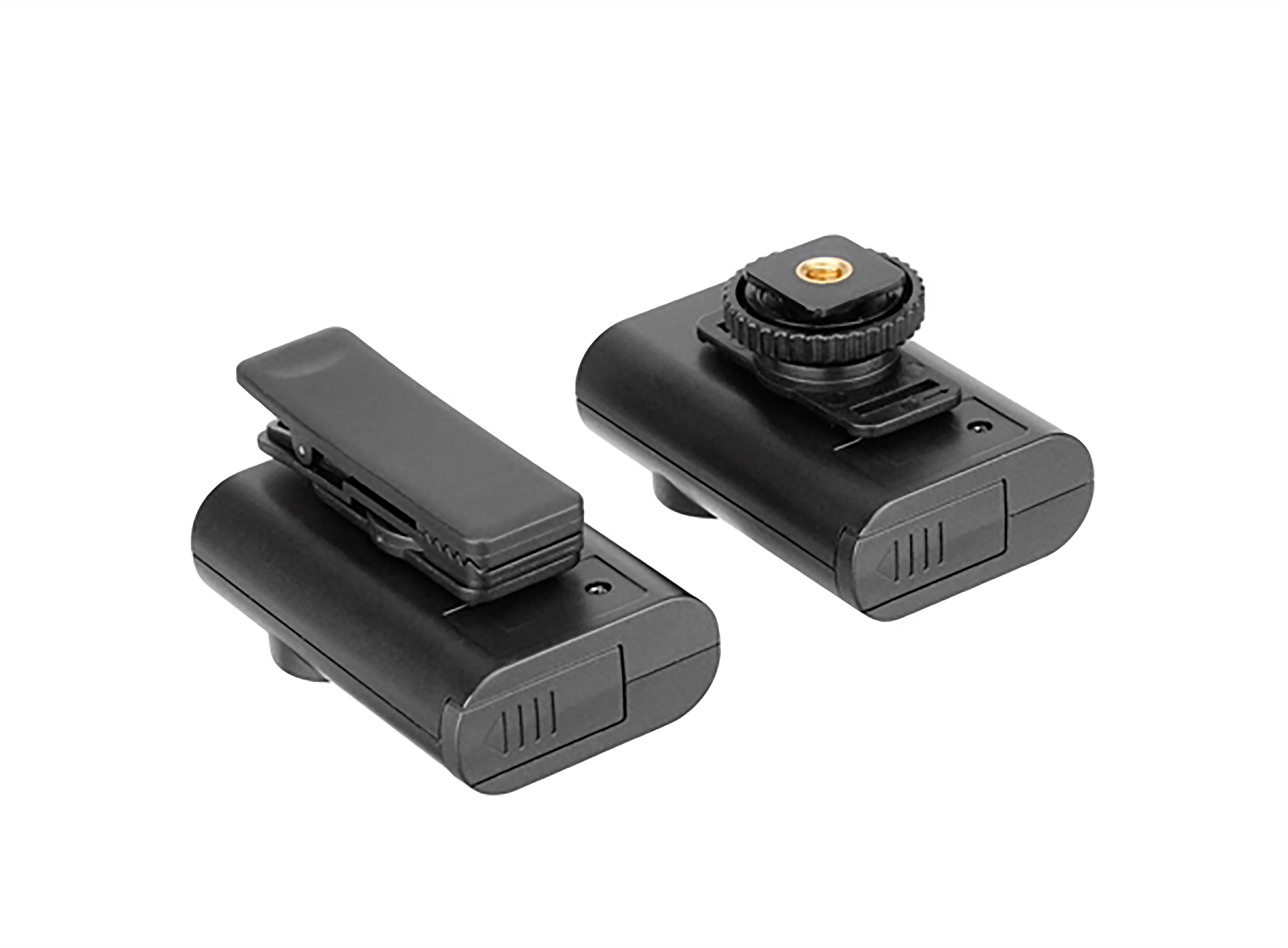 Two black wireless microphones with clips, on a white background.