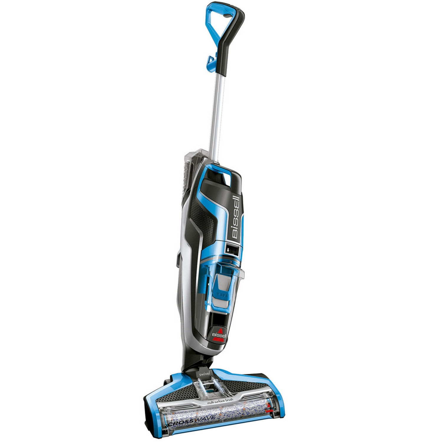 Una limpiadora multi-superficie Bissell CrossWave azul y negra. Tiene un mango y cabezal.