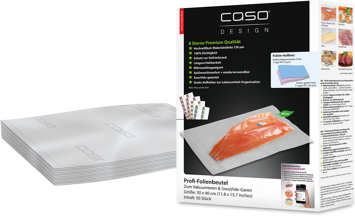 Vacuümzakken en een doos met zalm en tekst voor voedselopslag.