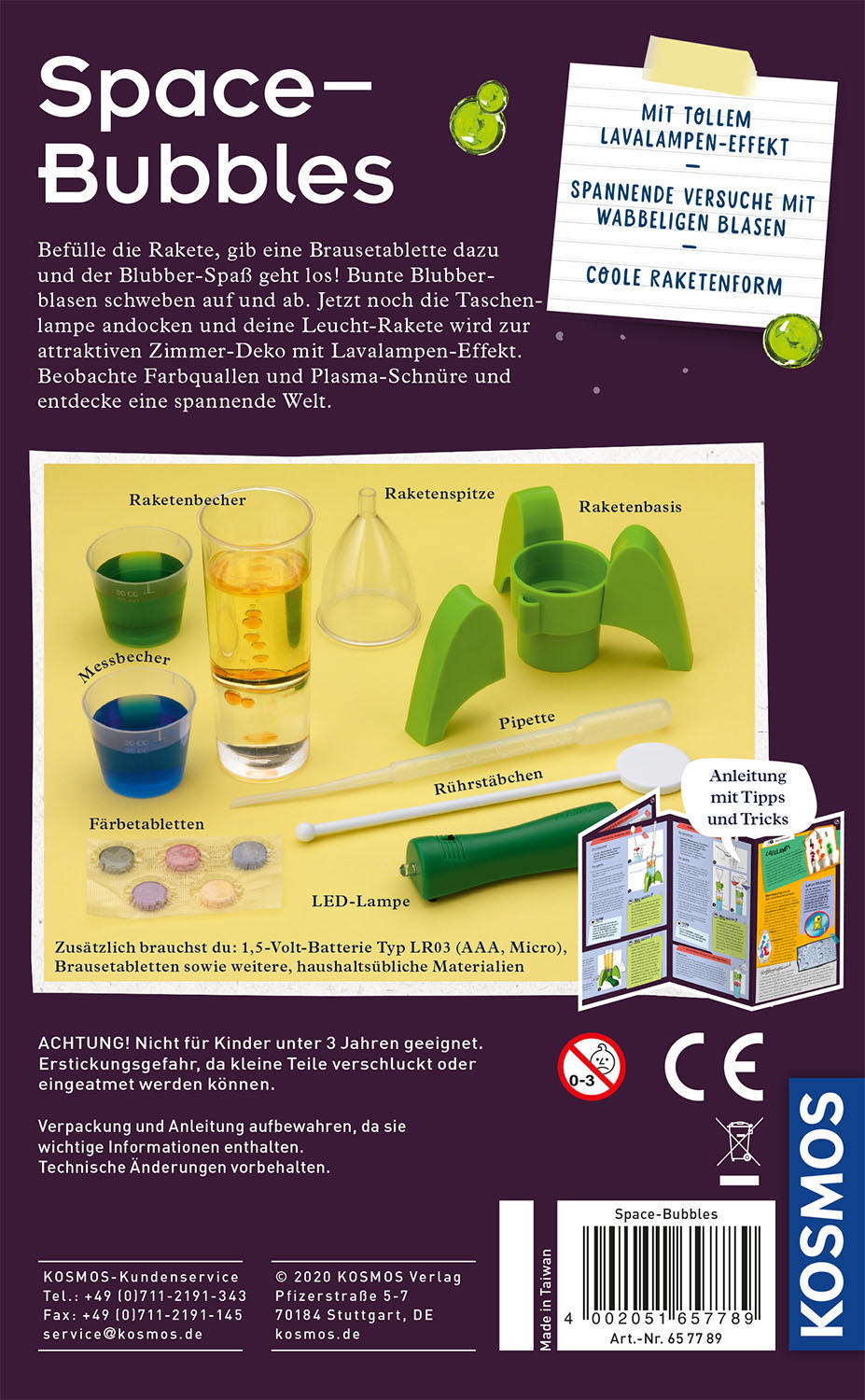 Rückseite einer Spielzeugverpackung mit Anweisungen und Illustrationen für Kinder.