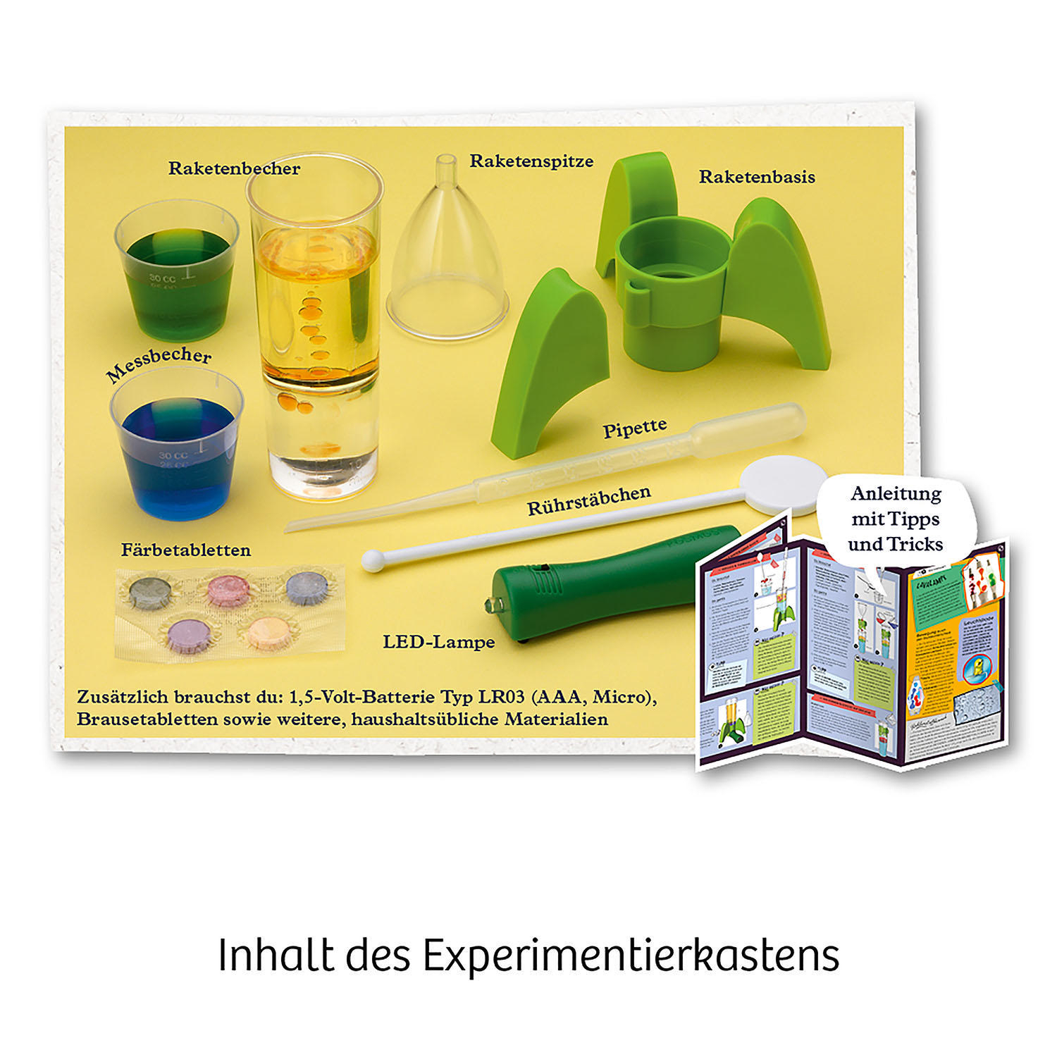 Experimentier-Kit mit Bechern, Pipette, Rührstäben und Anleitungen.