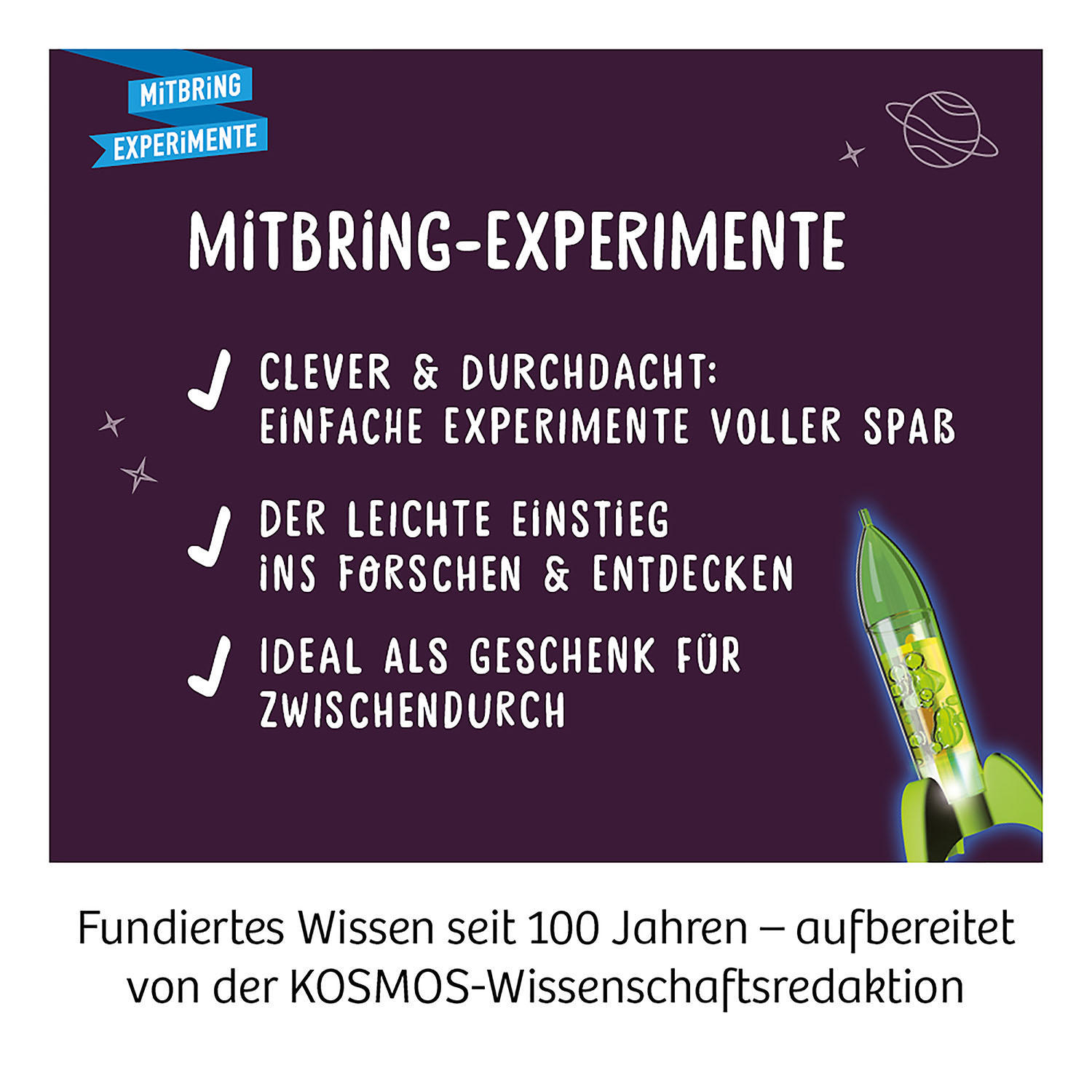Grafik mit Text und Illustrationen, die wissenschaftliche Experimente für Kinder bewerben.