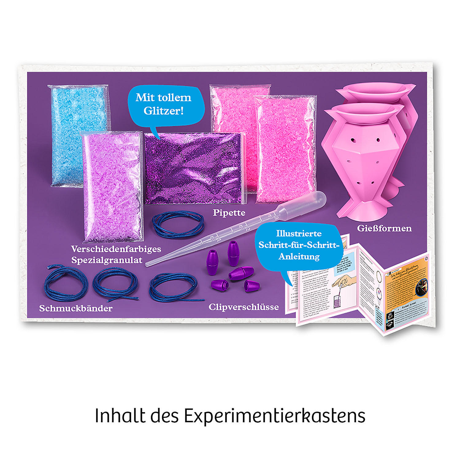 Ein Bastelset mit farbigen Granulaten, Glitzer, Schnüren, einer Pipette und Anleitungen auf lila Hintergrund.