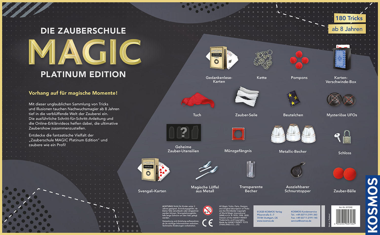 Eine Zauberkasten-Box mit mehreren Requisiten und Anweisungen.