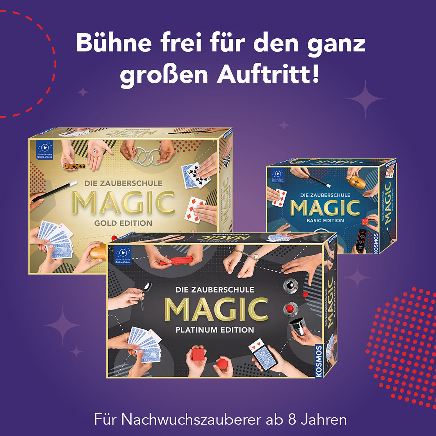 Drei Boxen eines Zauberkastens mit verschiedenen Ausgaben, die Magie für Kinder bewerben.