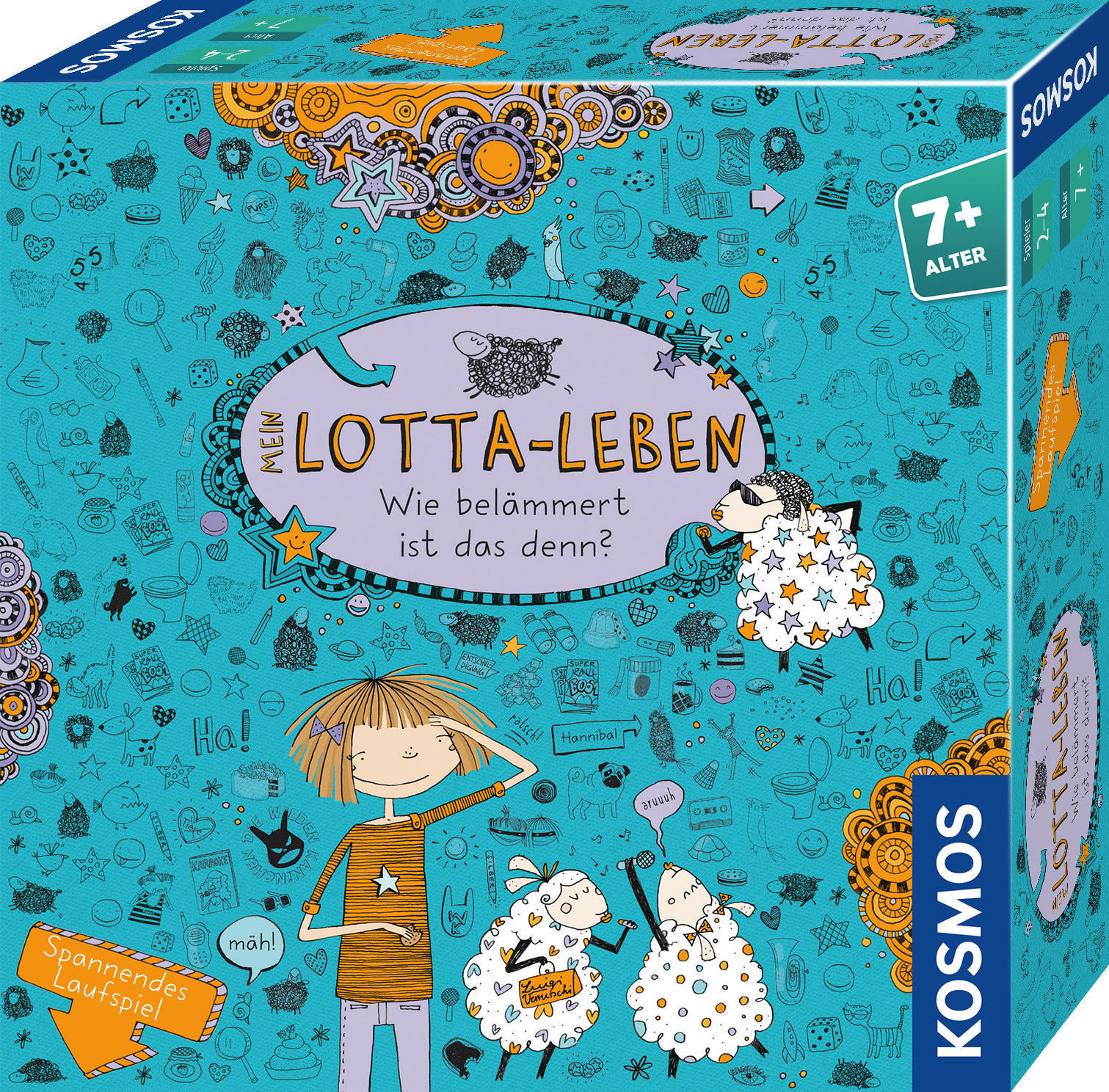 Brettspielbox mit einem Cartoon-Schaf-Thema und deutschem Text.