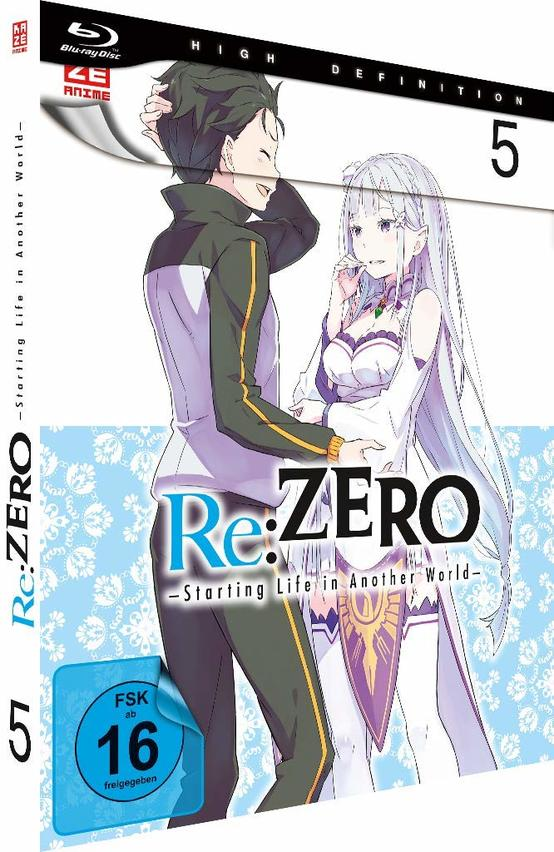 Re:Zero DVD-Box. Anime-Cover zeigt zwei Charaktere: einen Mann und eine Frau.