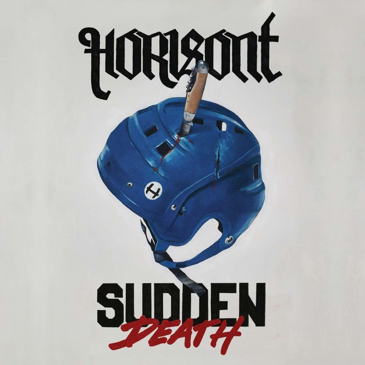 Albumcover mit blauem Hockeyhelm, durchbohrt von einem Messer. Titel: Sudden Death. Künstler: Horizon.