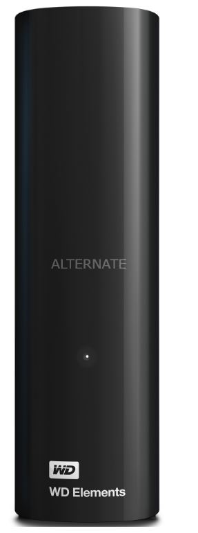 Siyah, uzun WD Elements sabit disk. Beyaz metin: WD Elements ve WD logosu. Parlak yüzey.