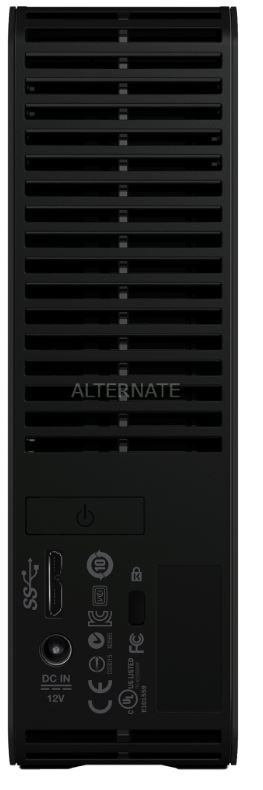 Güç düğmesi, bağlantı noktaları ve 'ALTERNATE' kelimesi olan siyah bir harici sabit disk.