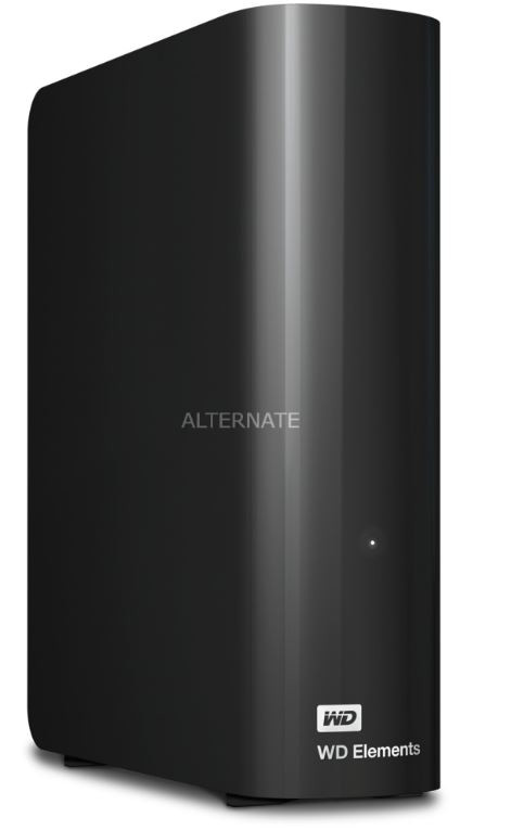 Siyah WD Elements harici sabit disk. Dikey, parlak. Ön tarafta Alternate logosu.