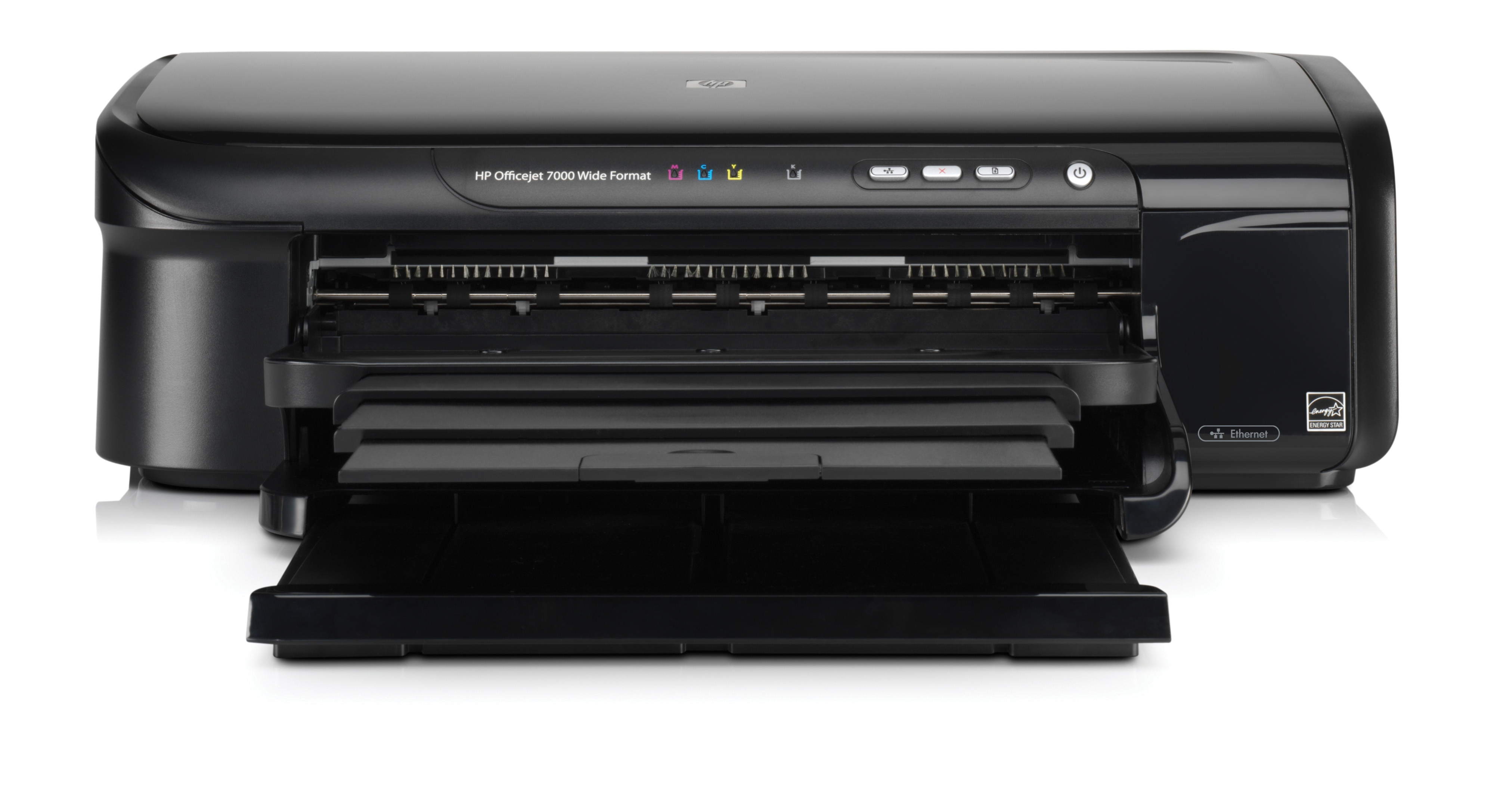 Siyah HP Officejet 7000 geniş formatlı yazıcı açık.