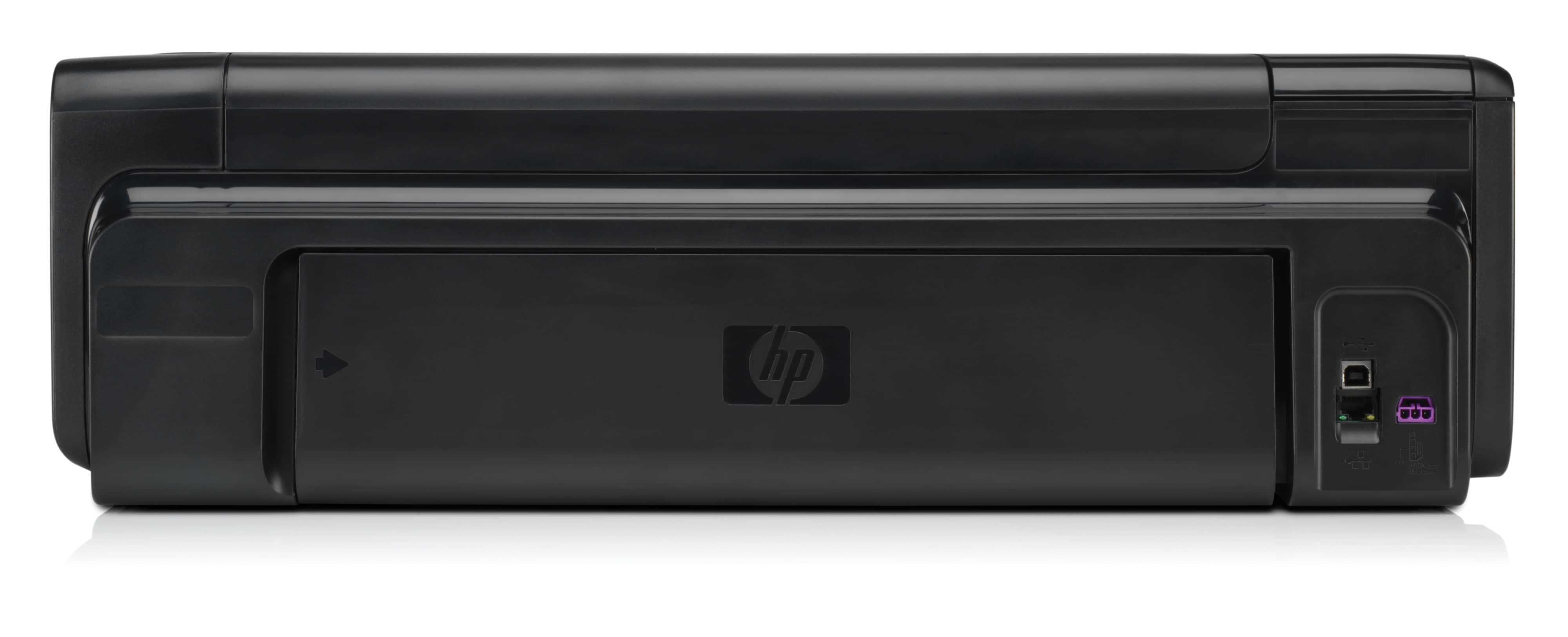 Siyah bir HP yazıcının arka görünümü. Kağıt girişini ve USB portunu beyaz bir arka planda gösterir.