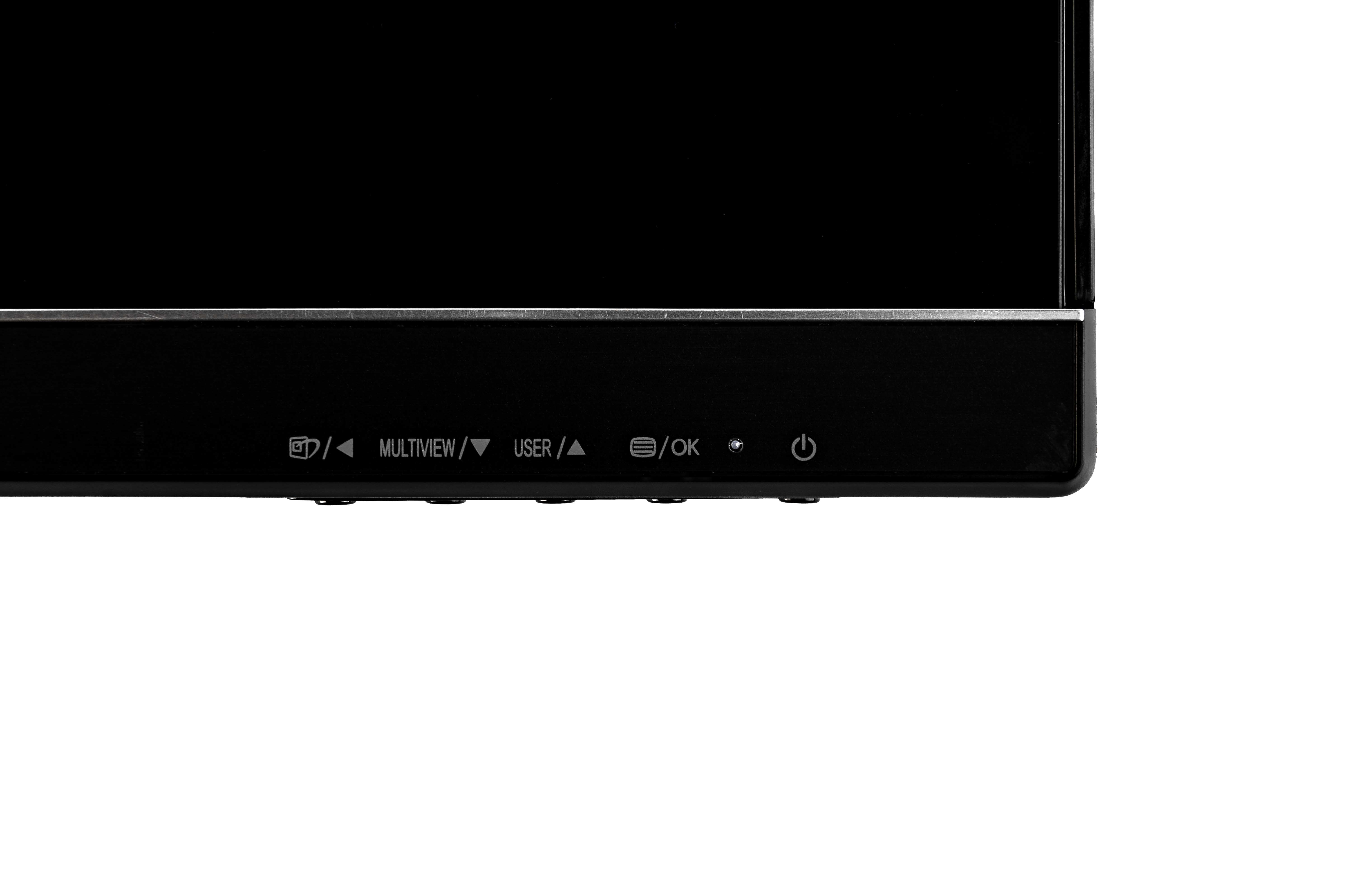 Siyah bir TV'nin alt kenarının düğmelerle yakın çekimi. Ayar sembolleri ve güç düğmesi içerir.