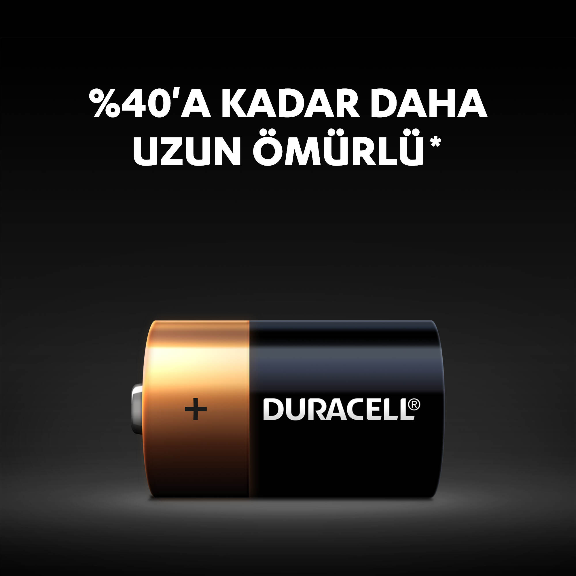 '%40'a kadar daha uzun ömürlü' yazan bir metinle birlikte bir Duracell pilinin görüntüsü.