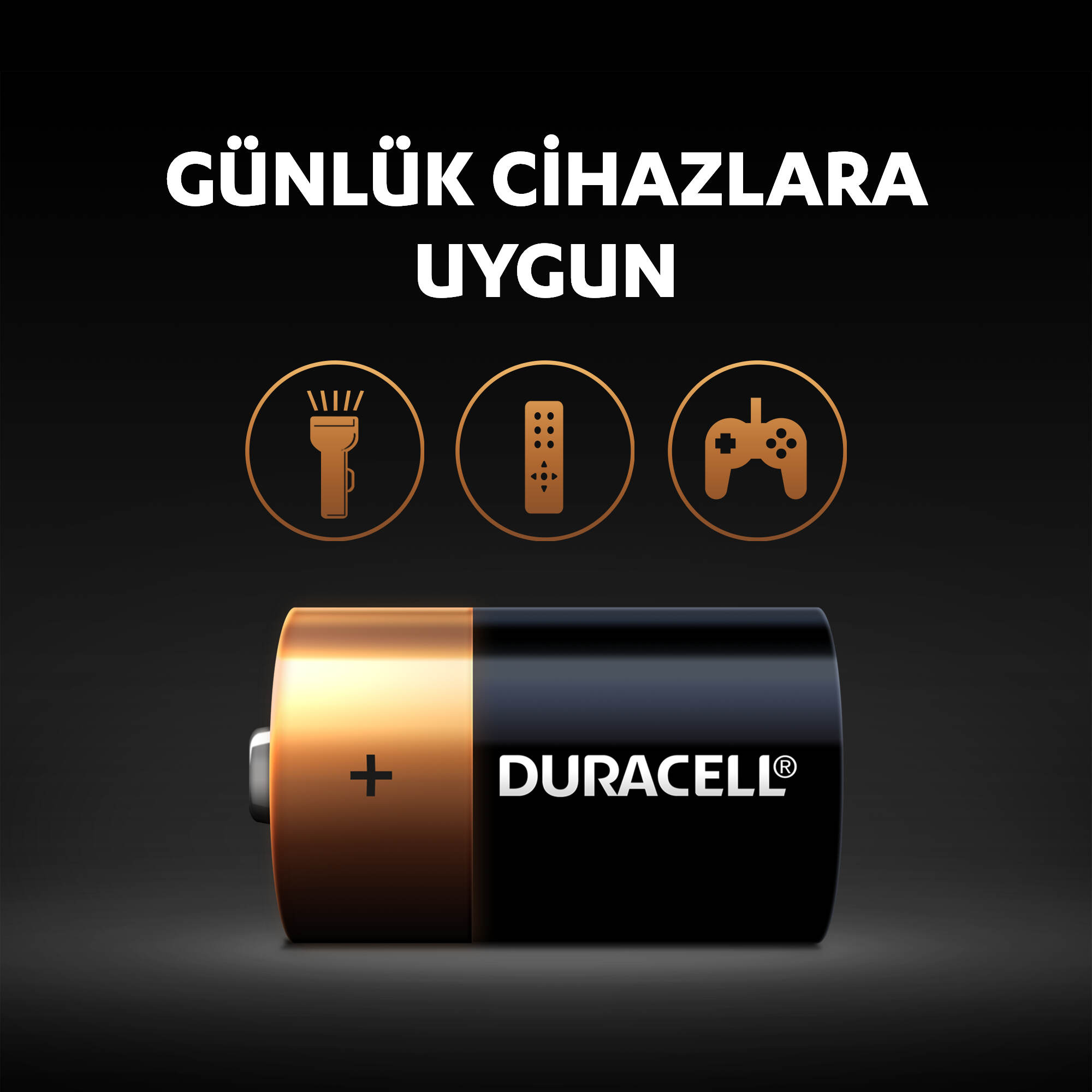 Siyah ve altın Duracell pil, artı işareti ve 'DURACELL' metniyle. Arka plan simgeler gösterir.