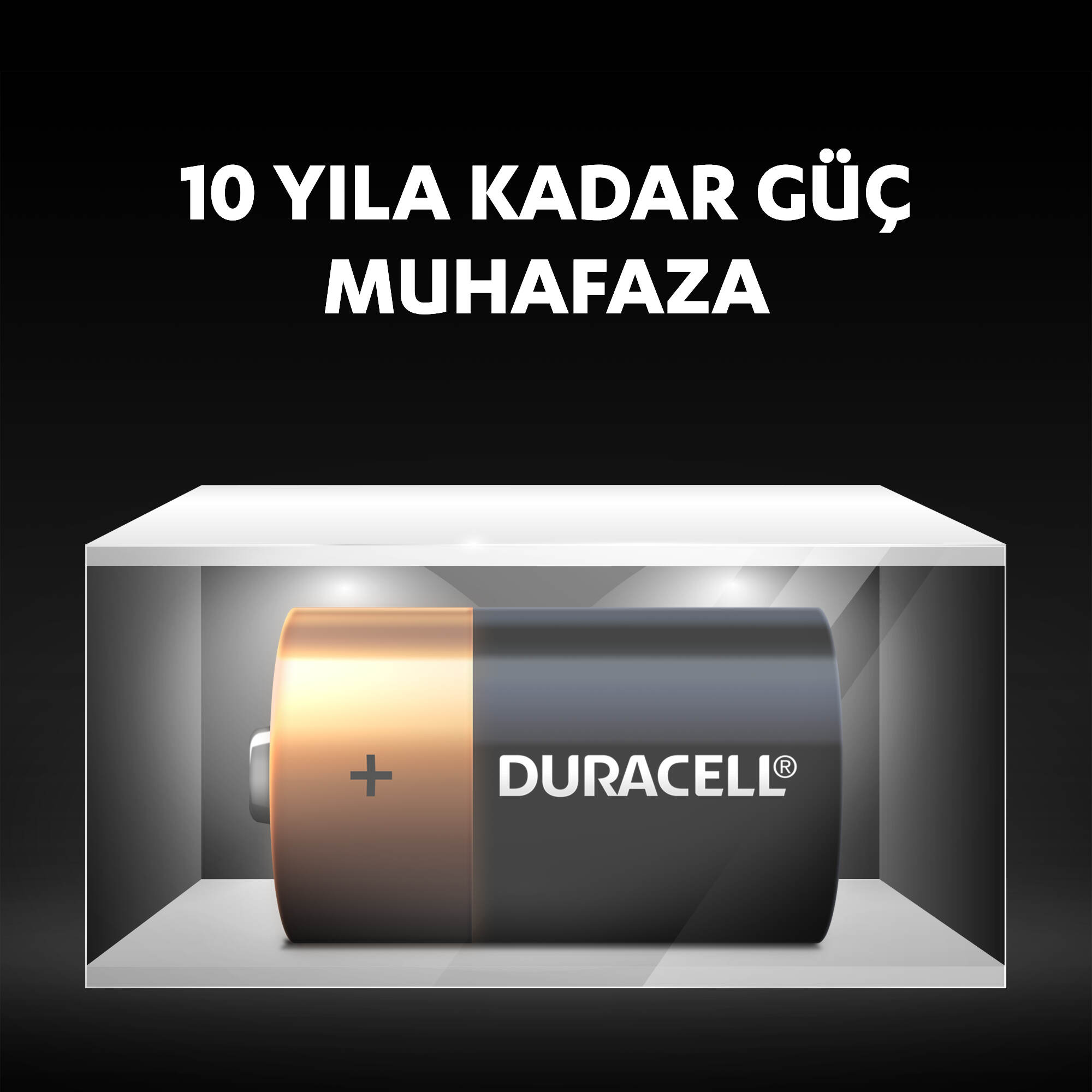 Bir ekranda Duracell pili, '10 YILA KADAR GÜÇ MUHAFAZA' metni.