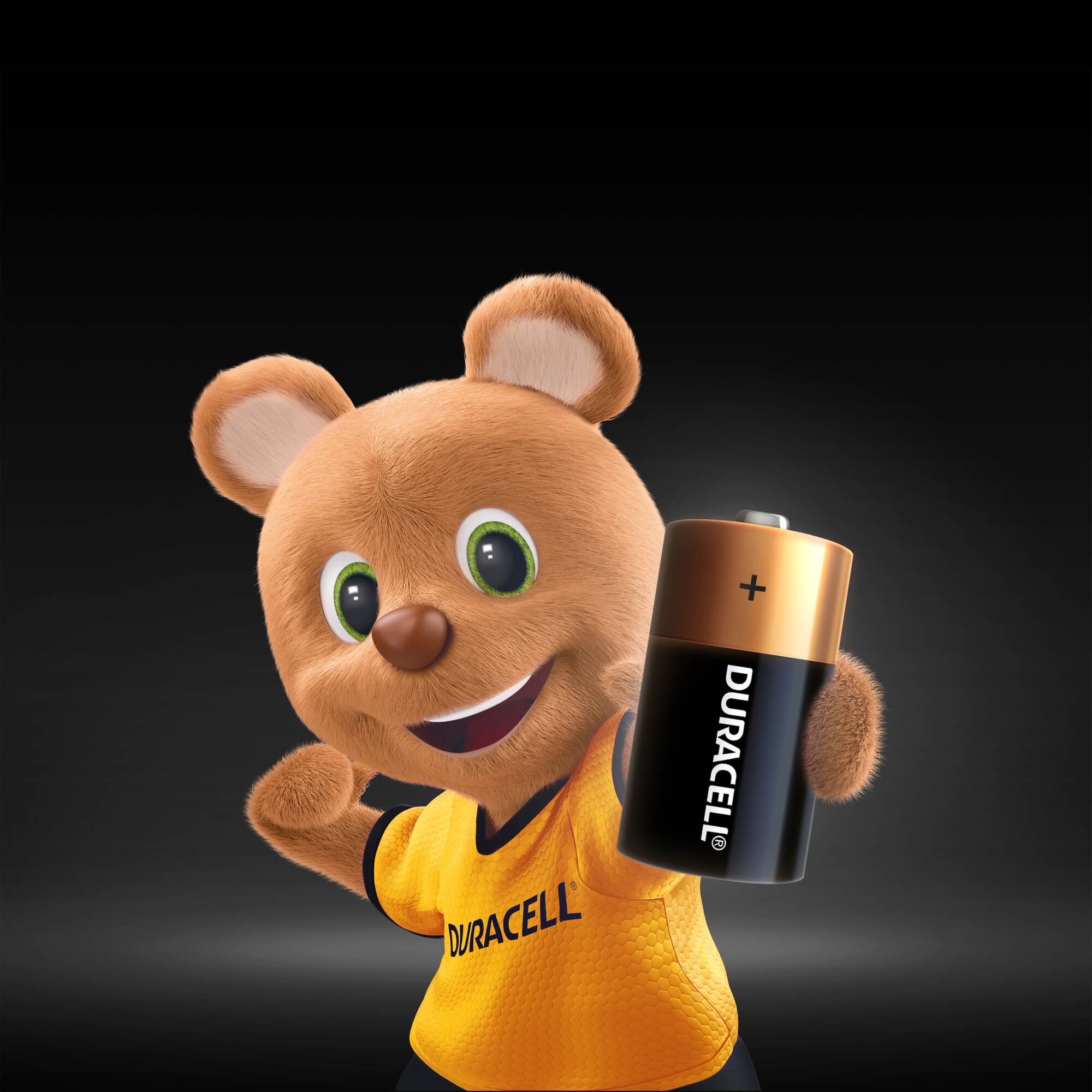 Karikatür bir ayı, artı işareti olan bir Duracell Ultra pil tutuyor.