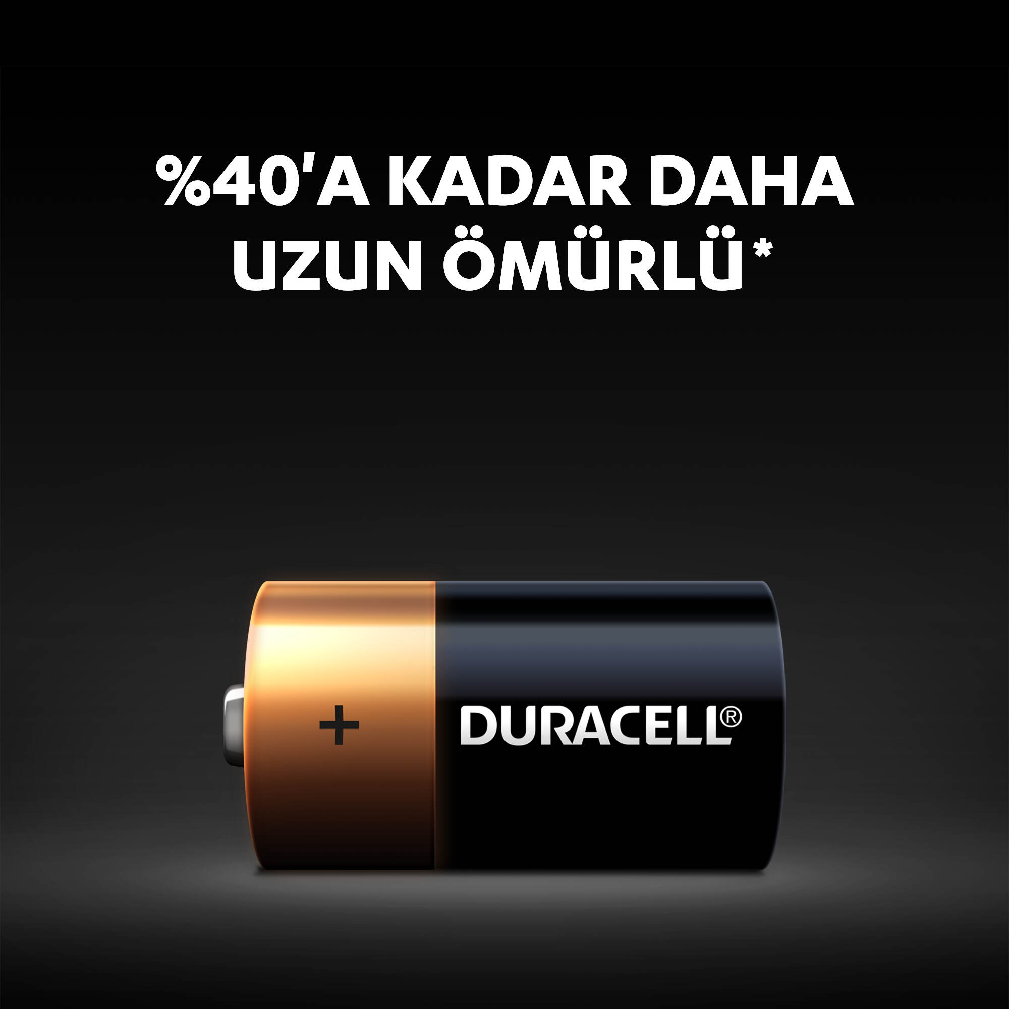 Duracell pil, '%40'a kadar daha uzun ömürlü*' metniyle.