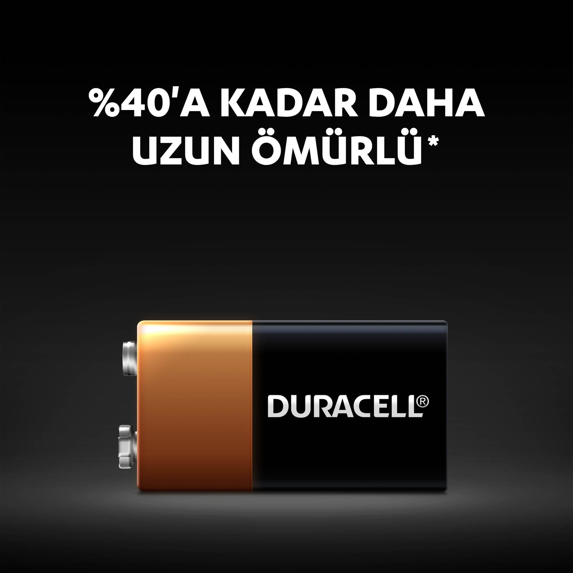 Duracell 9V pil, %40'a kadar daha uzun ömürlü olduğunu belirten metinle.