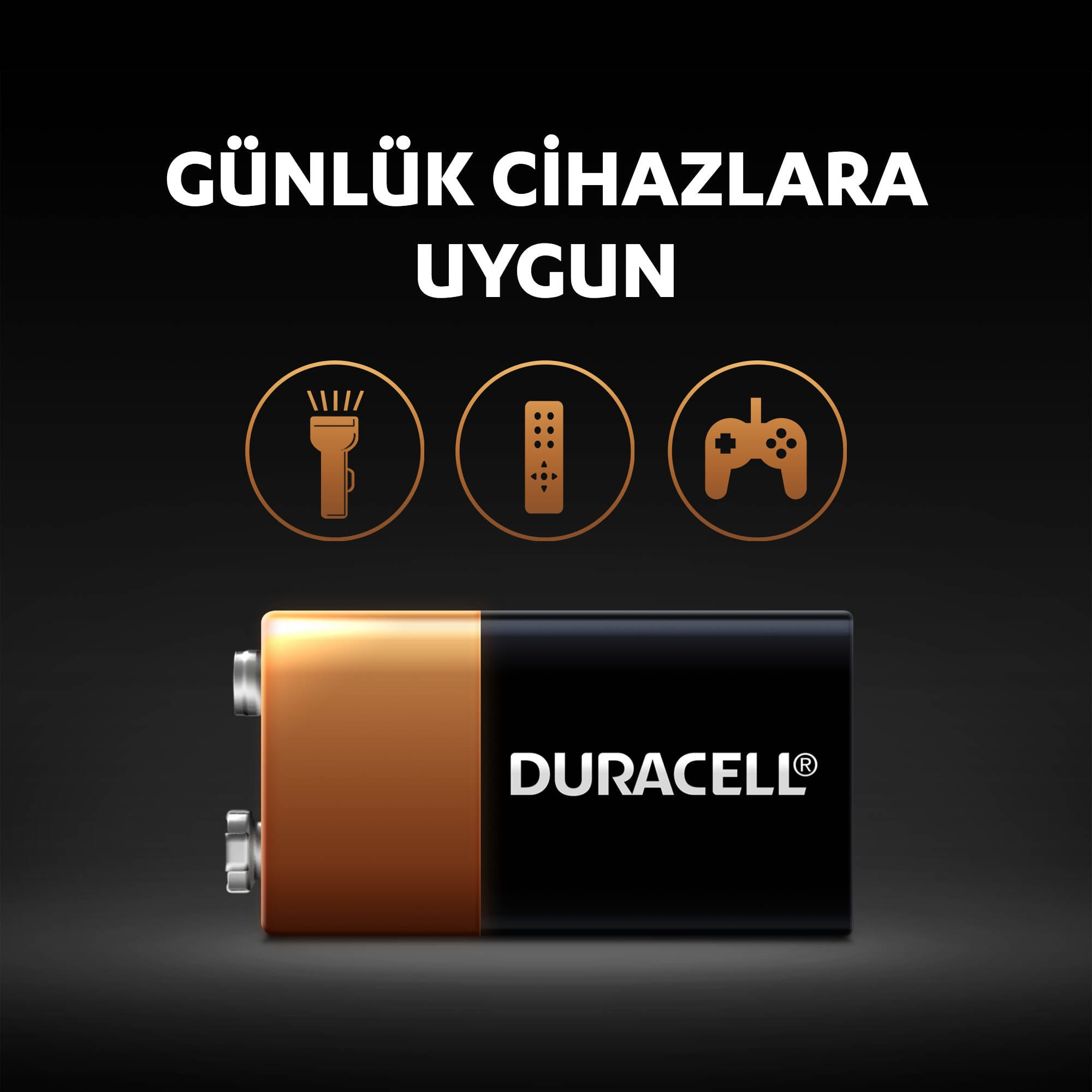 El feneri, uzaktan kumanda ve oyun kumandası için ikonlarla Duracell pil.