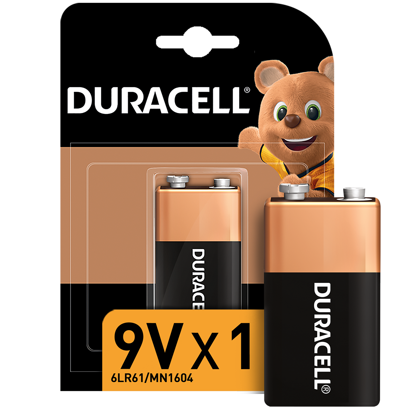 Duracell 9V pil paketi. Ayı maskotu. Siyah ve kahverengi ambalaj. Siyah arka plan.