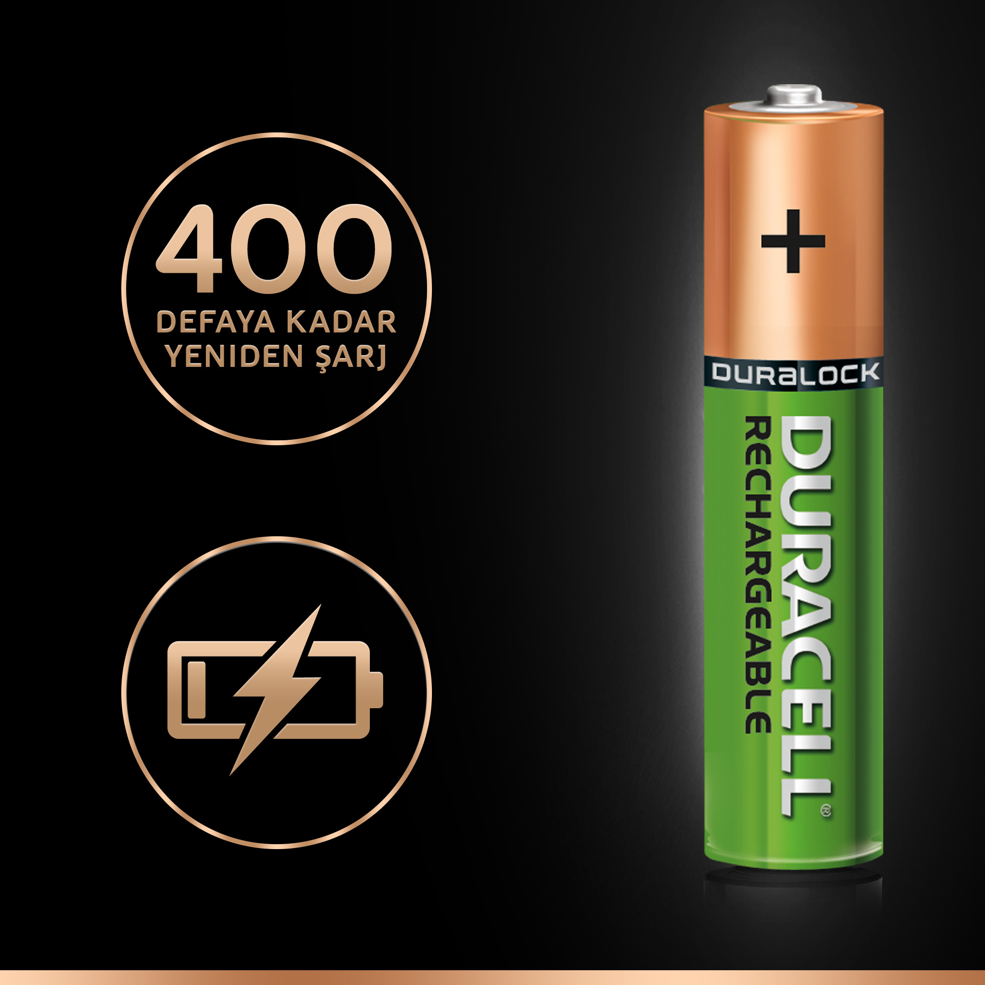 Duracell şarj edilebilir pil. Üstünde artı işareti olan yeşil ve bakır rengindedir.