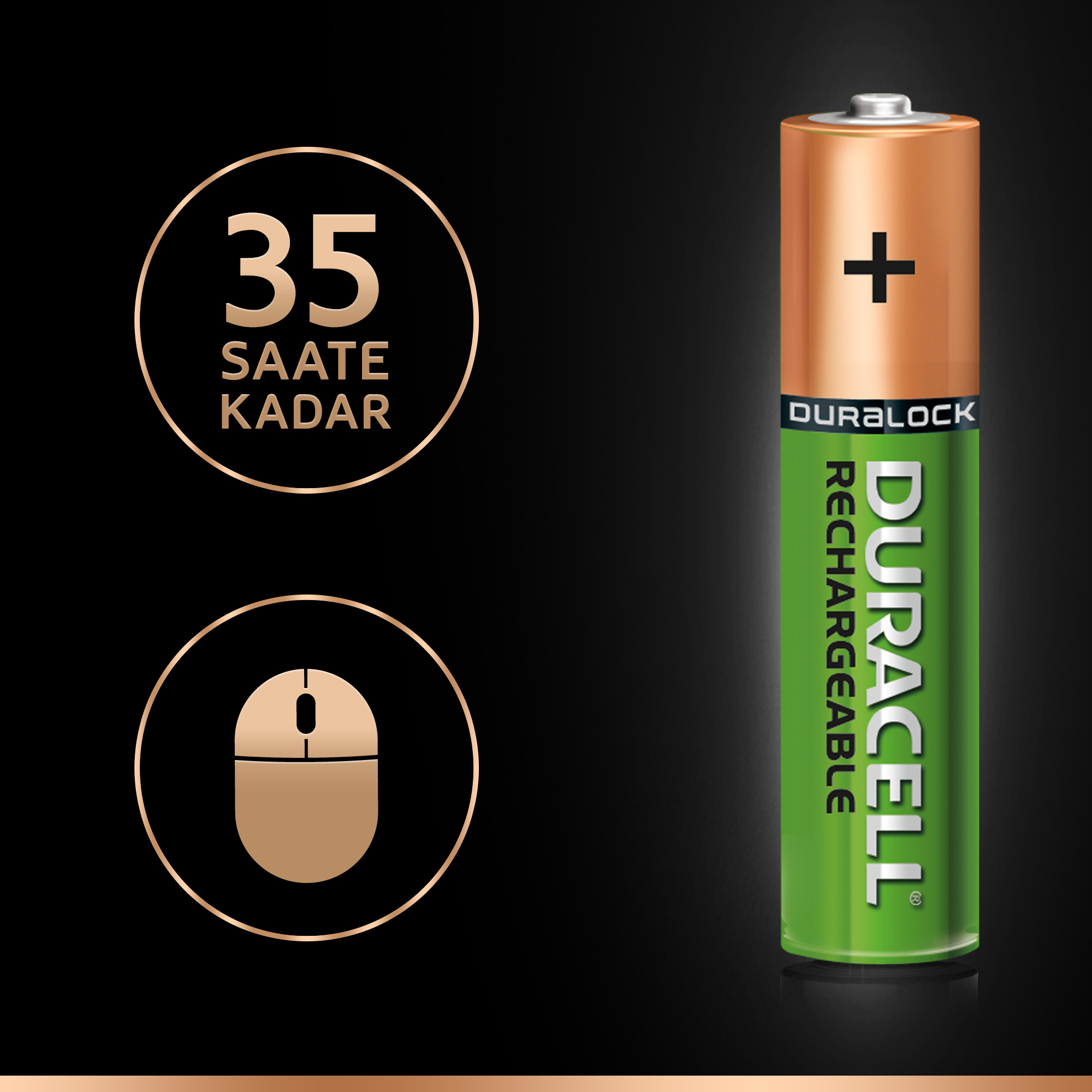 Fare simgesi ve metin içeren Duracell şarj edilebilir pil.