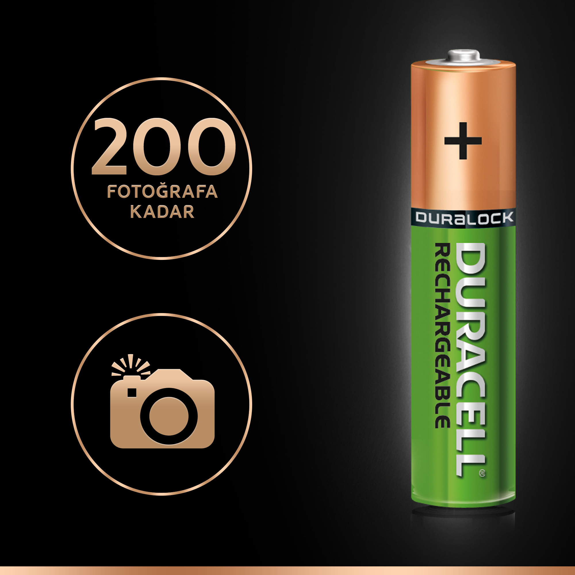 Artı işareti, yeşil ve turuncu renklerde bir Duracell şarj edilebilir pil.