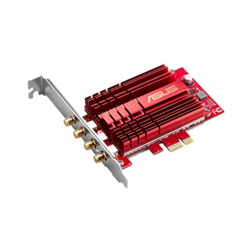 Una tarjeta de red de computadora roja y plateada.