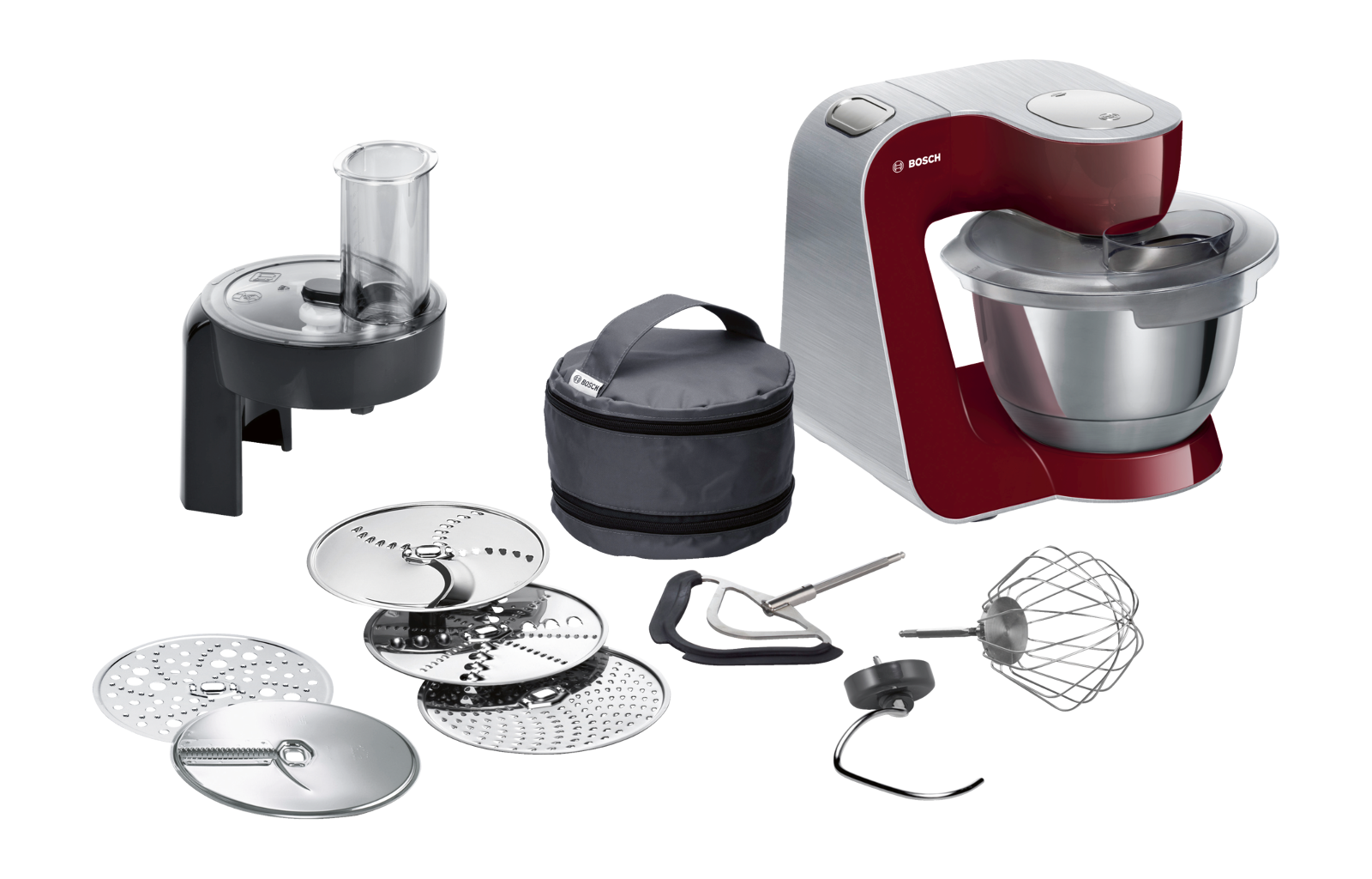 Ensemble d'appareils de cuisine avec robot culinaire rouge et argenté.