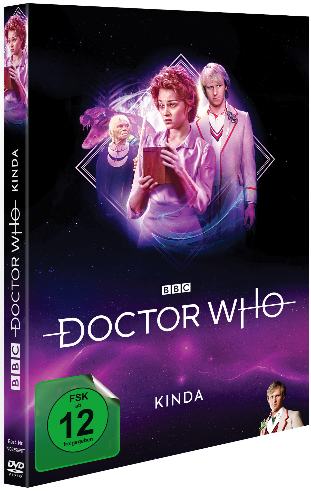 DVD-Hülle: Doctor Who: Kinda. Enthält drei Charaktere und einen grünen FSK 12 Aufkleber.