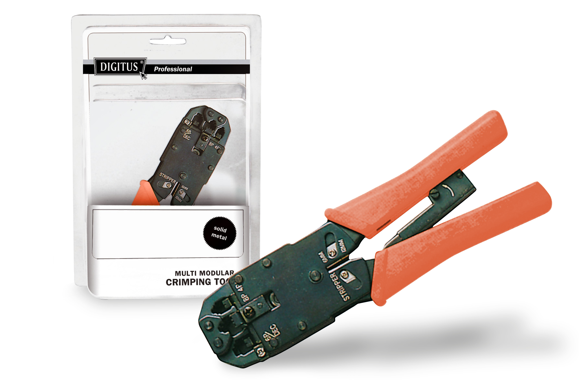 Ein Crimpwerkzeug mit orangen Griffen und einer schwarzen Metallzange, verpackt und separat.