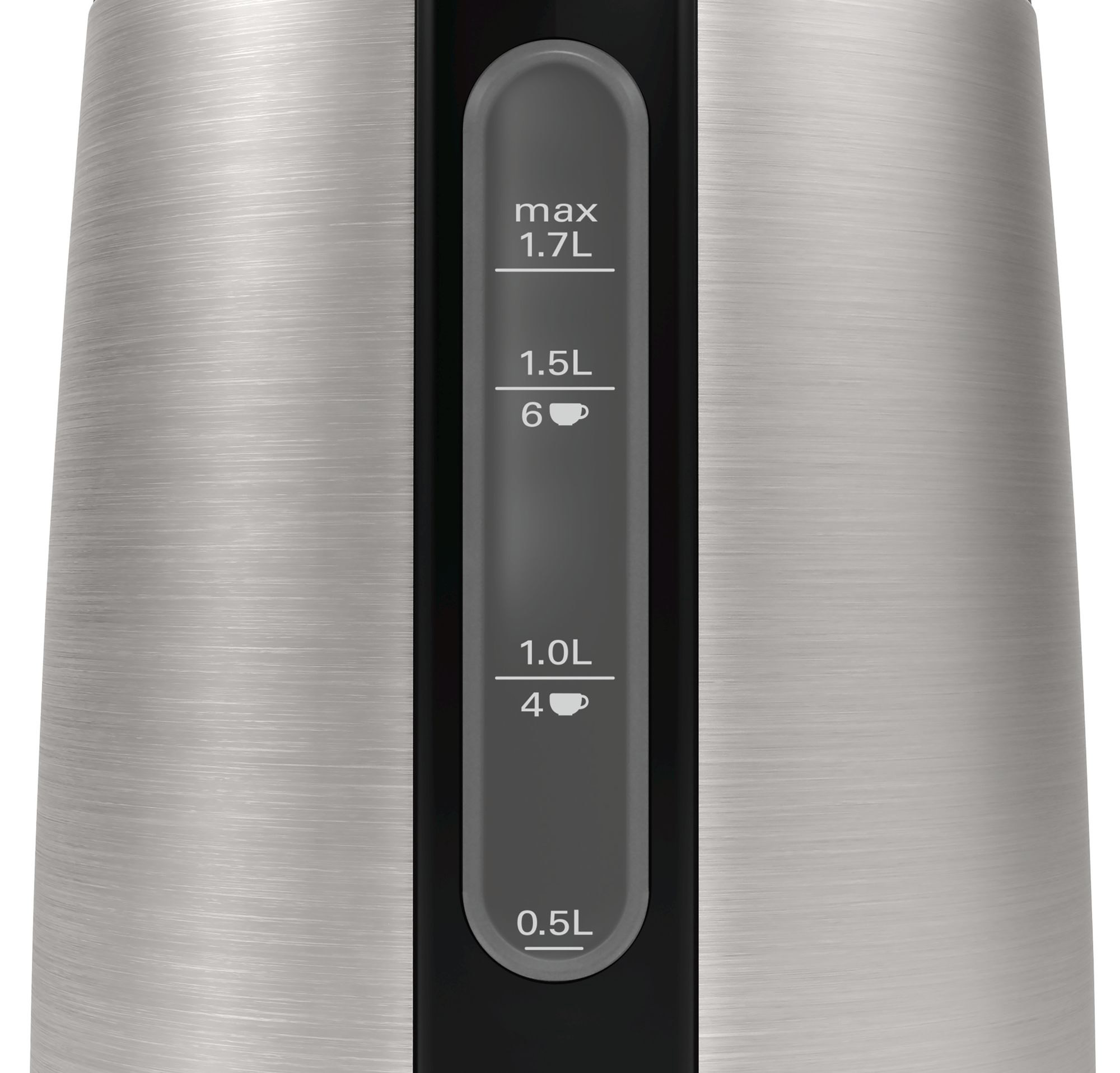 Ezüst-fekete vízforraló vízszintjelzővel. Max. 1.7L.