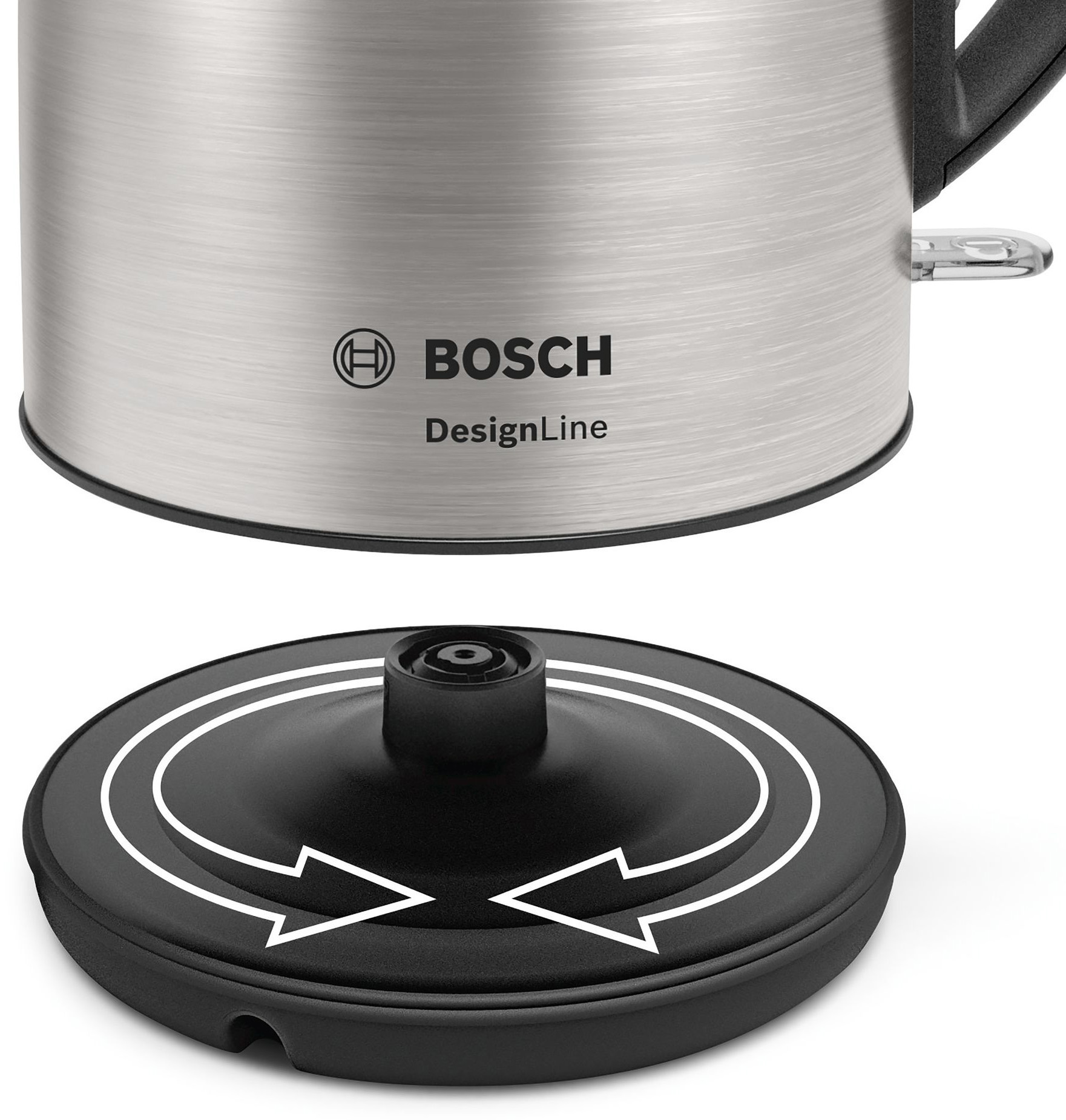 Bosch vízforraló szálcsiszott fém felülettel. Az alja fekete, forgást jelző nyilakkal.