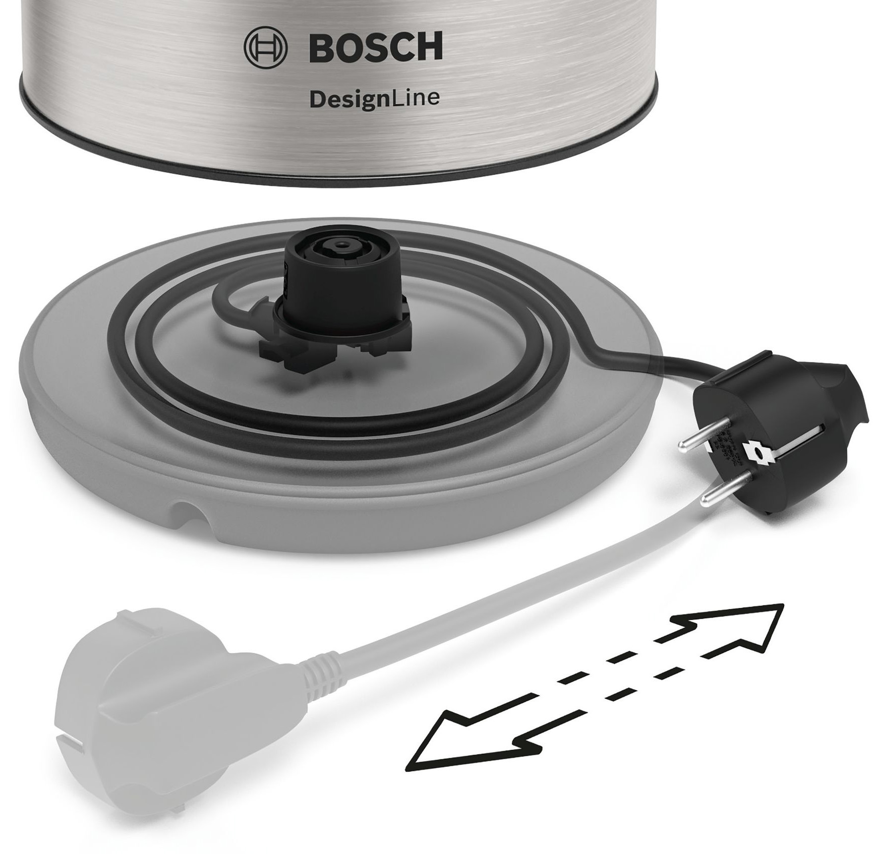 Bosch DesignLine vízforraló talp, a dugót és a kábelcsatlakozást mutatja.