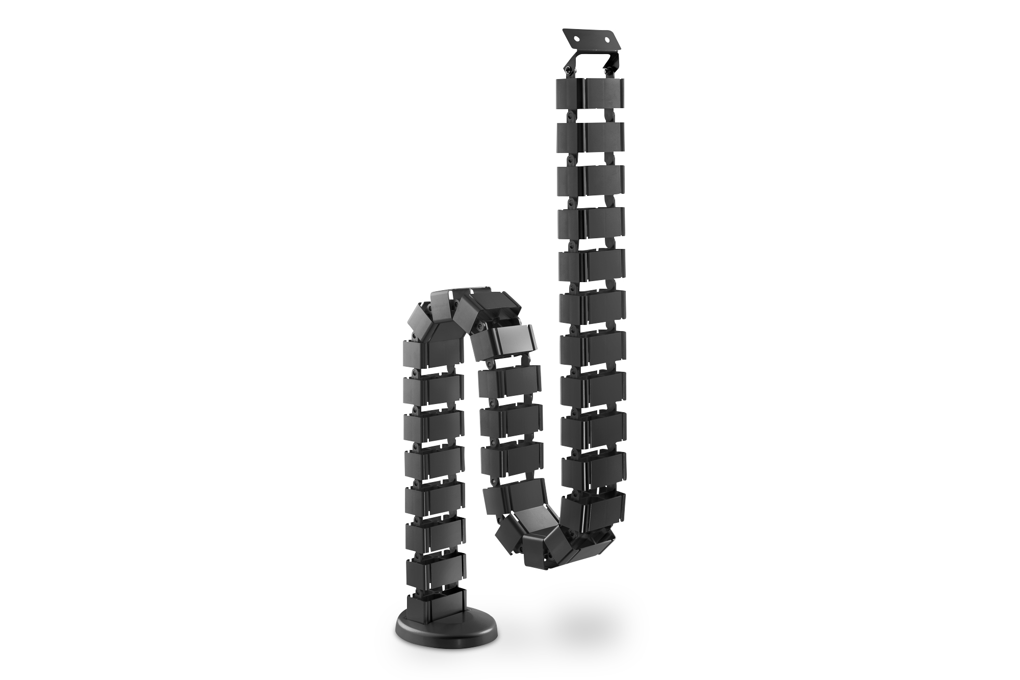 Schwarze Kabelkette, flexibel, mit Sockel, vor weißem Hintergrund hängend.