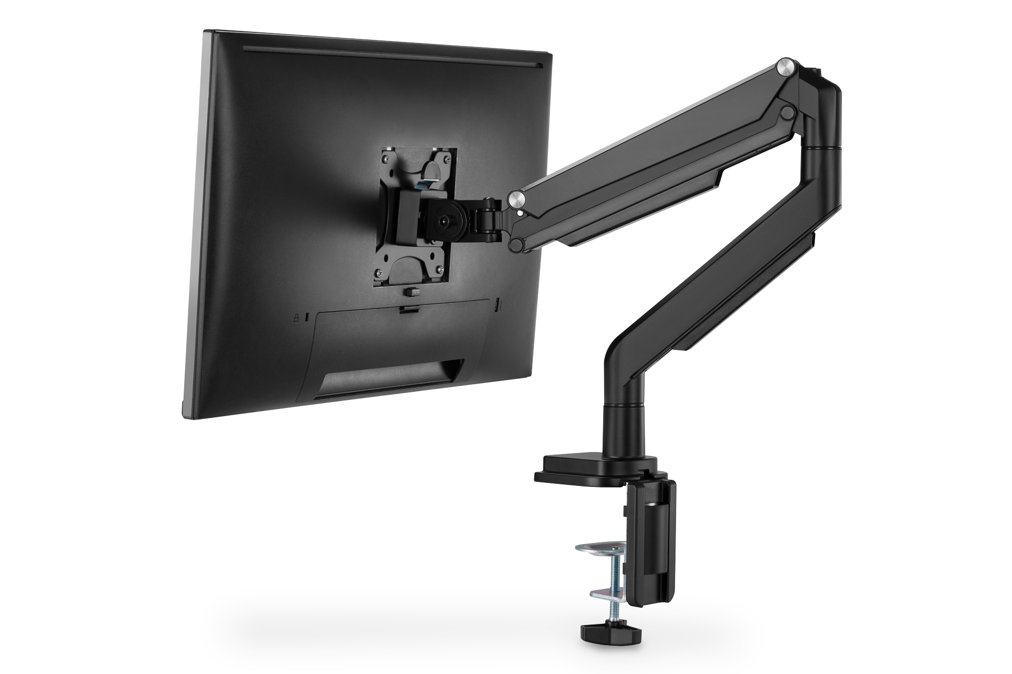 Schwarzer Monitorarm mit angeschlossenem Monitor auf weißem Hintergrund.