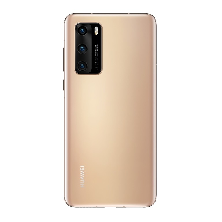 Parte trasera de un smartphone Huawei dorado. Tiene un sistema de cámara Leica y el logo Huawei.