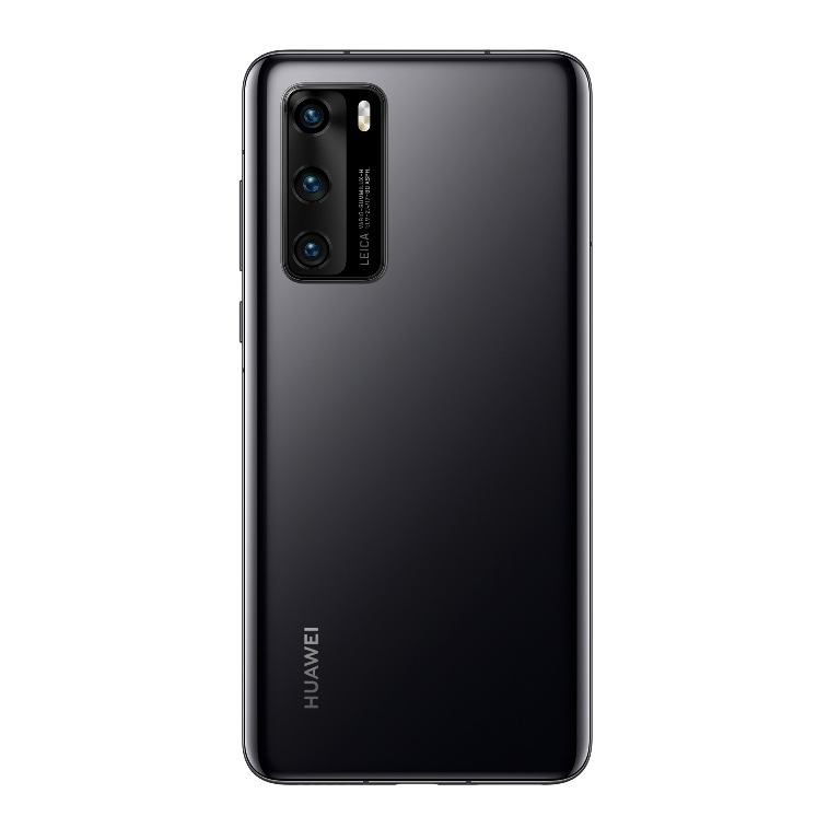 Smartphone negro, vista trasera, con tres cámaras y el logotipo de Huawei.