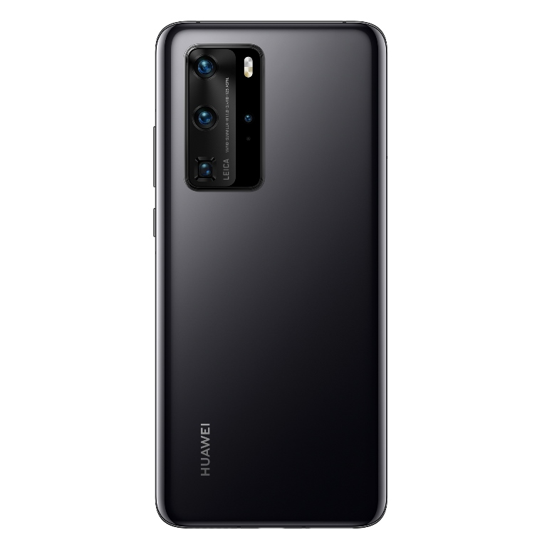 Smartphone Huawei negro, vista trasera, con sistema de cámara Leica. El teléfono está sobre una superficie blanca. Nuevo.