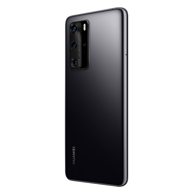 Teléfono Huawei negro con múltiples cámaras traseras. Diseño elegante y acabado brillante. Marca Leica.